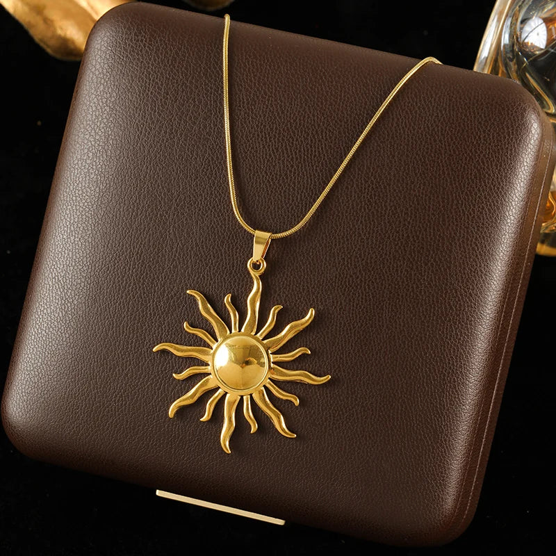 GANEMLY 316l Stainless Steel Metallic Gold Color Sun Pendant Necklace Women Chic Romantic Waterproof Neck Chain Jewelry Gift