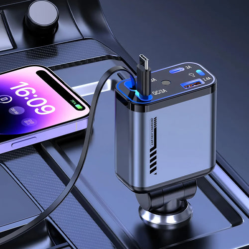 4 IN 1 Retractable Car Charger USB Type C Cable For IPhone Huawei Samsung Fast Charge Cord Cigarette Lighter Adapter