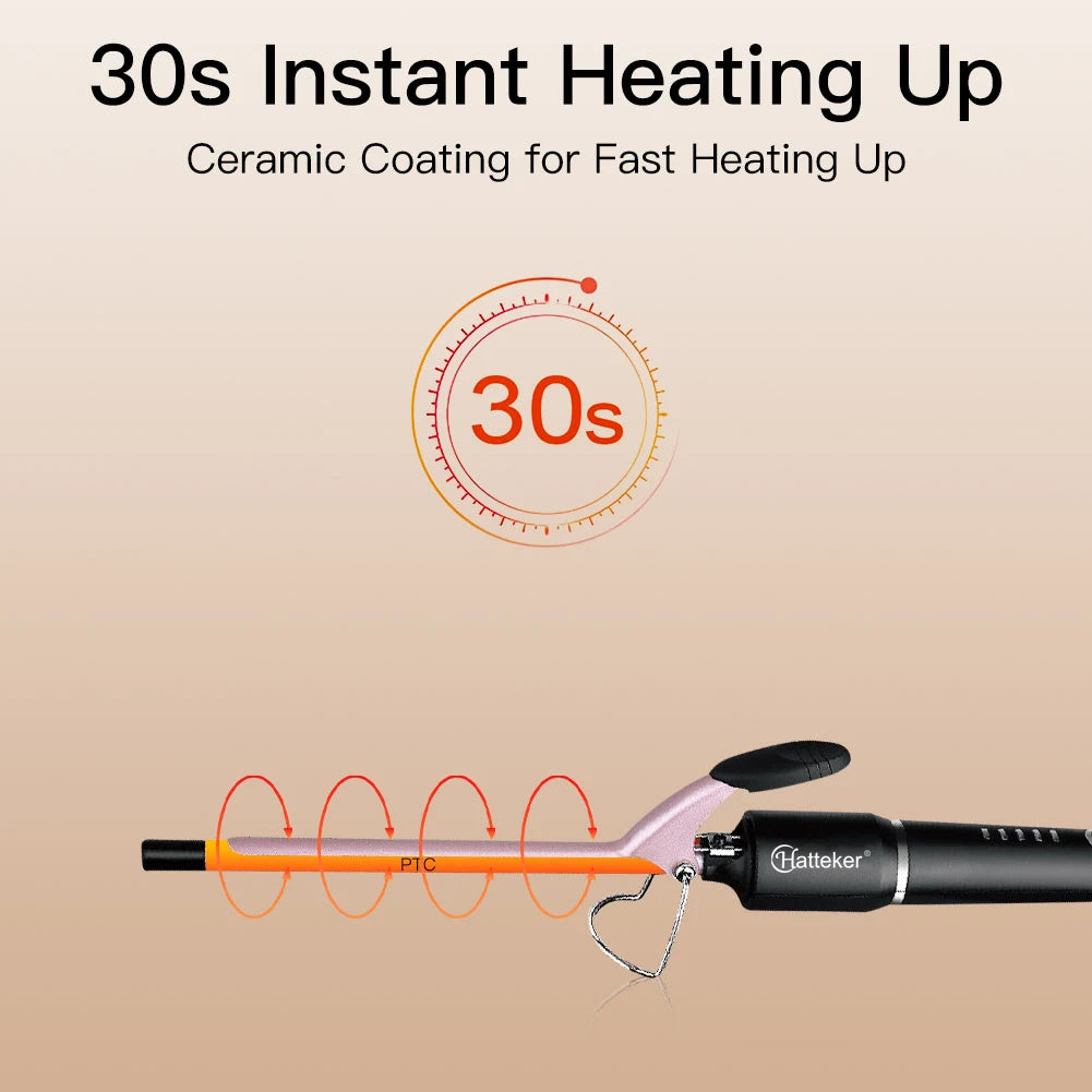 Hatteker 9mm Professional Hair Curler Ceramic Barrel Iron Smart Auto-Off