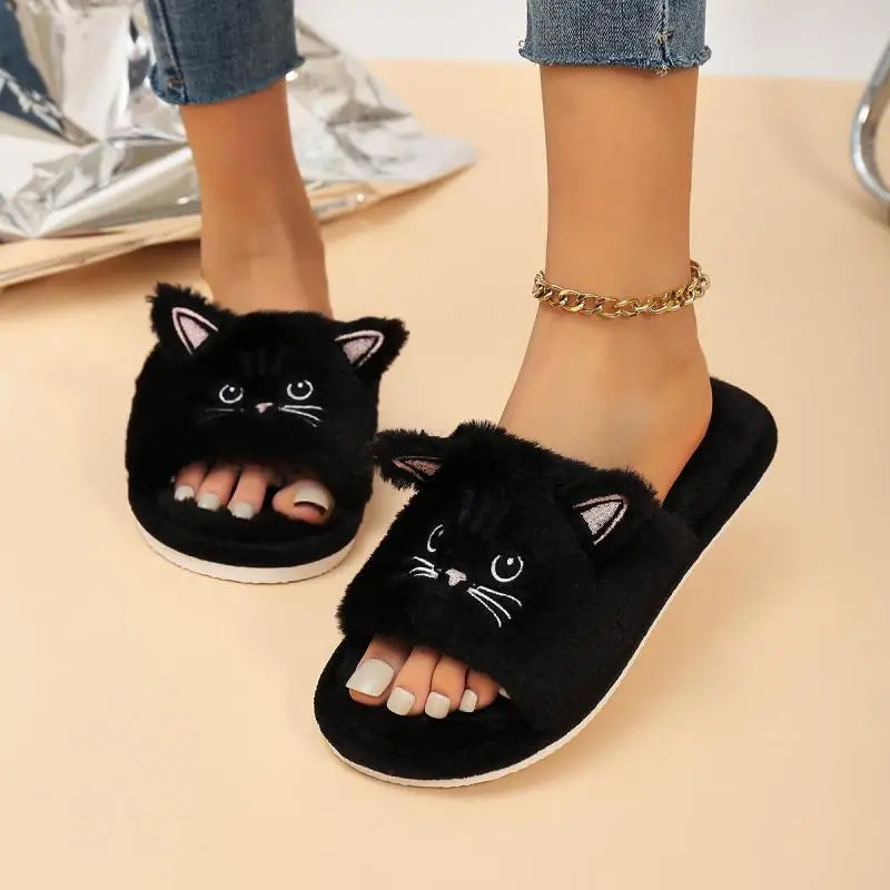 Casual Women's Slippers Home Flats Cat Cartoon Fluffy Luxury Designer Shoes Girls Spring Autumn Elegant Indoor Slides Soft Sole