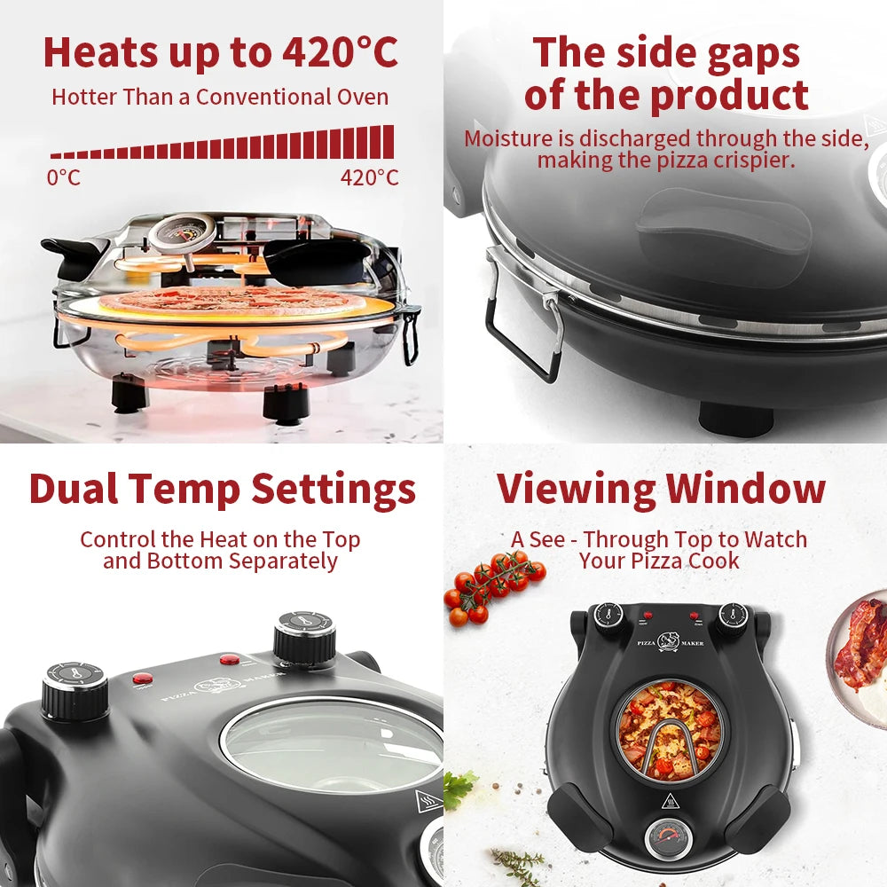Klaif Electric Pizza Maker 420℃ 1200W 5 Separate Dual Temperature Levels Flame Resistant Stone Plate 12inch Pizza Oven 10Minute