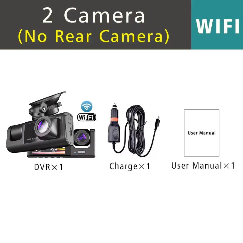 WiFi 3 Channel Car DVR Three Way Dash Cam Inside Vehicle