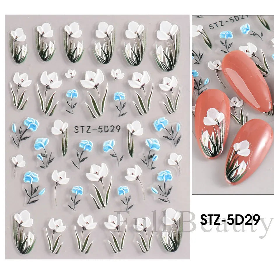 5D Simple Flowers Nail Embossed Stickers Elegant Wedding Design Adhesive Sliders Floral Textured Engraved Decoration Supplies