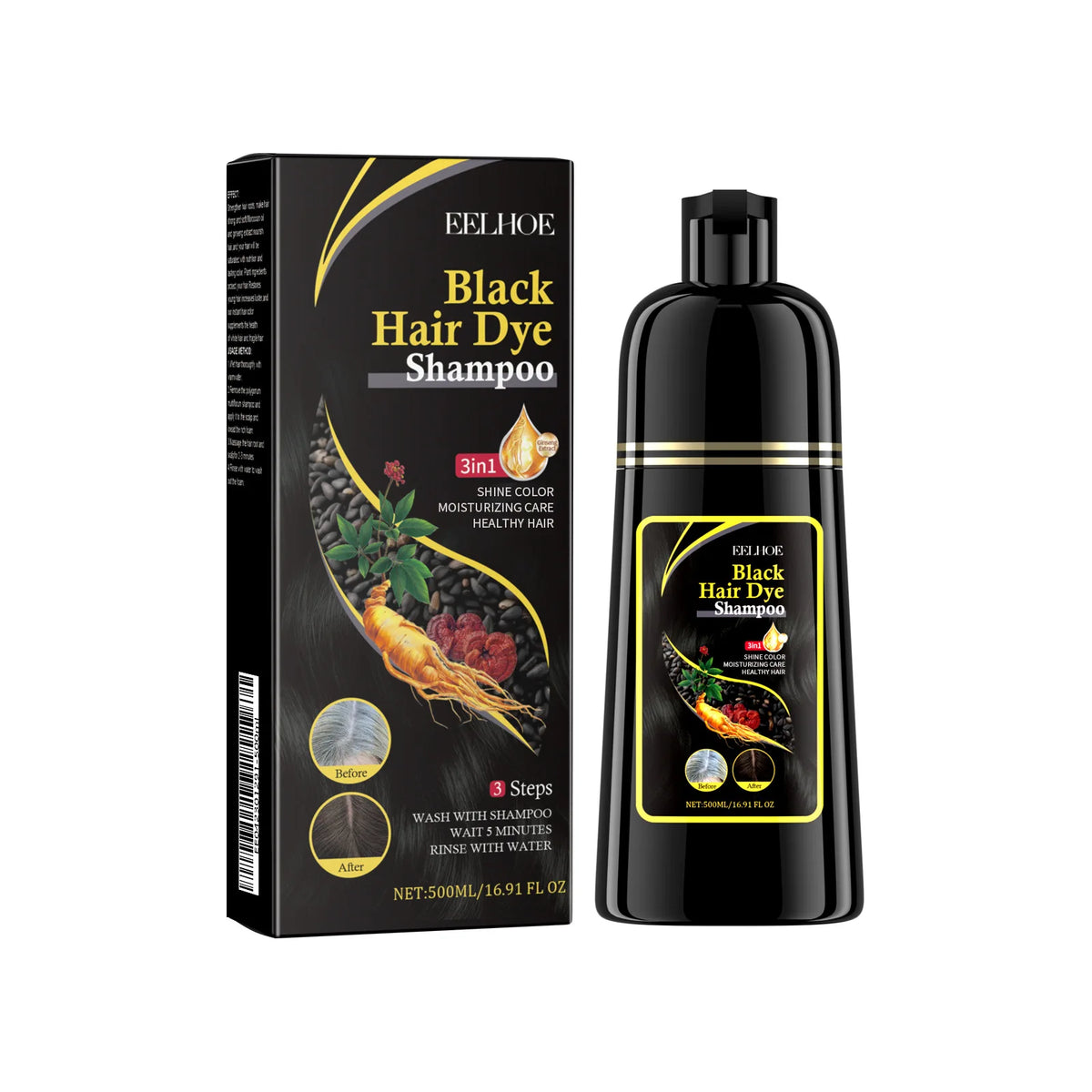 EELHOE Black Hair Dye Shampoo 3 in 1 Growth Clean Hair Darkening Deep Nourishing