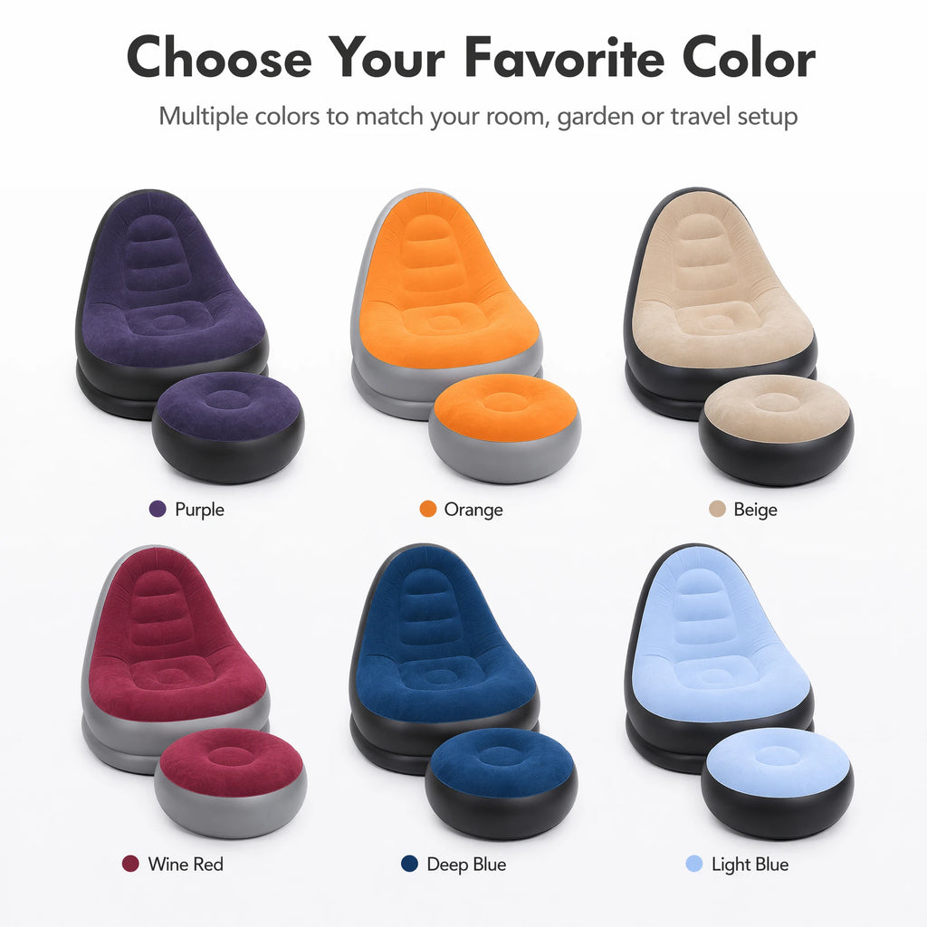 2 IN 1 Inflatable Sofa with Stool Soft Flocking Ergonomic Lounge Chair Fast Inflation Foldable Portable Waterproof PVC Sofa