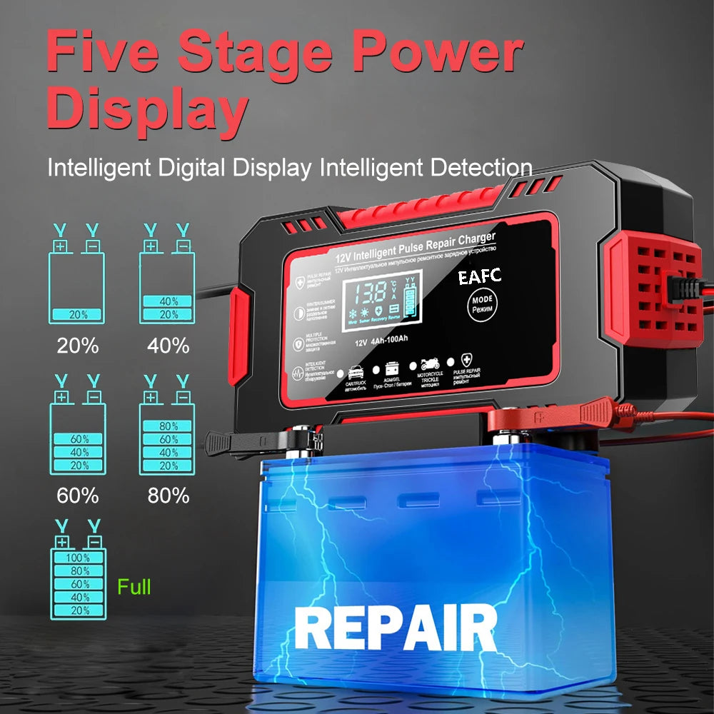 12V 6A Pulse Repair Smart Charger - LCD Display Fast Charge for AGM/GEL/Lead-