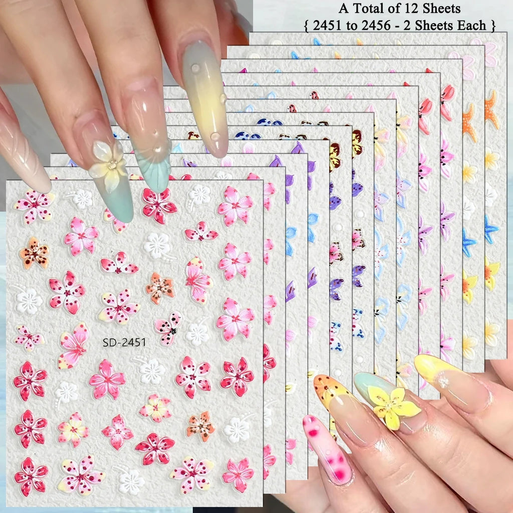 3 to 120 Sheets Tropical Flower Nail Stickers Hibiscus Butterfly Starfish