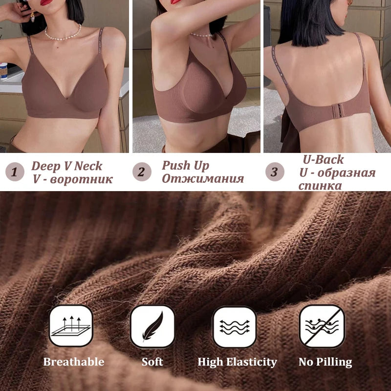 3PCS Sexy Deep V Neck Wireless Seamless Bras Lingerie Fashion