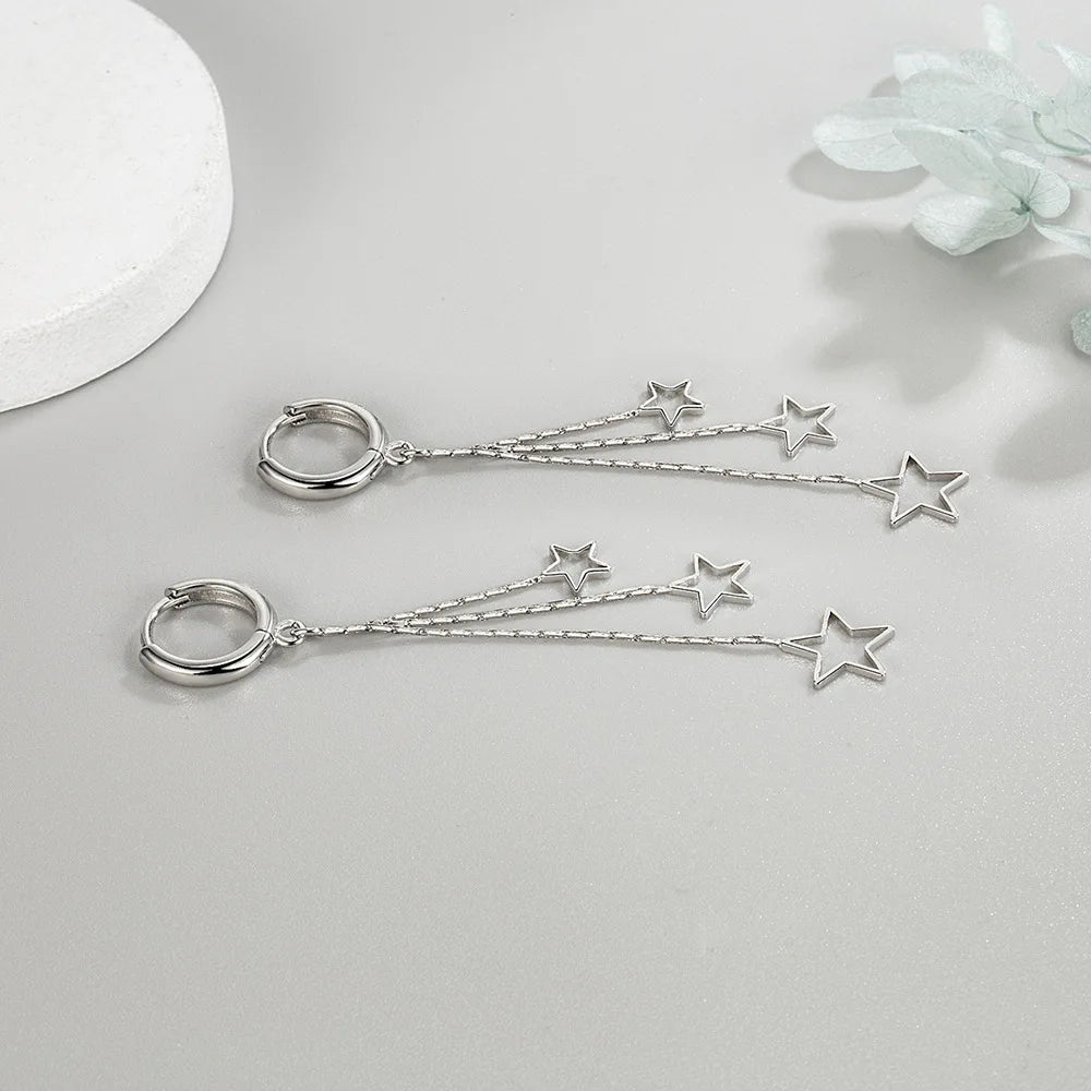 925 Sterling Silver Earrings Long Three Star Earrings