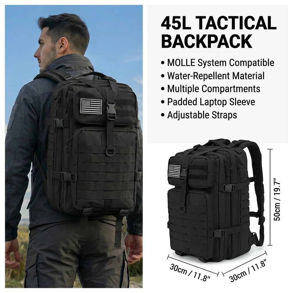 Men 45L Tactical Backpack Molle Bug Out Bag Survival Emergency Water Resistant