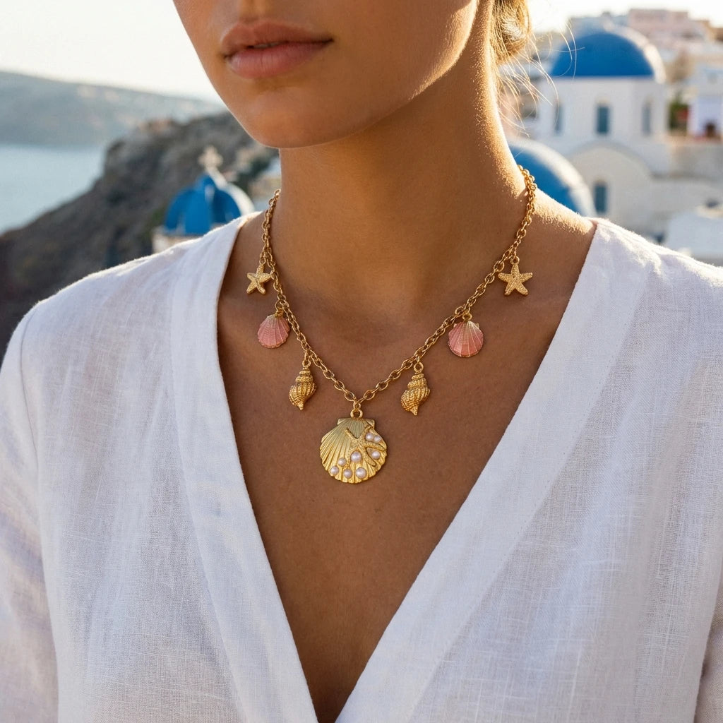 Boho Starfish Scallop Conch Pendant Necklace for Women Elegant Shell Pearl Tassel Metal Chain Choker Summer Beach Party Jewelry