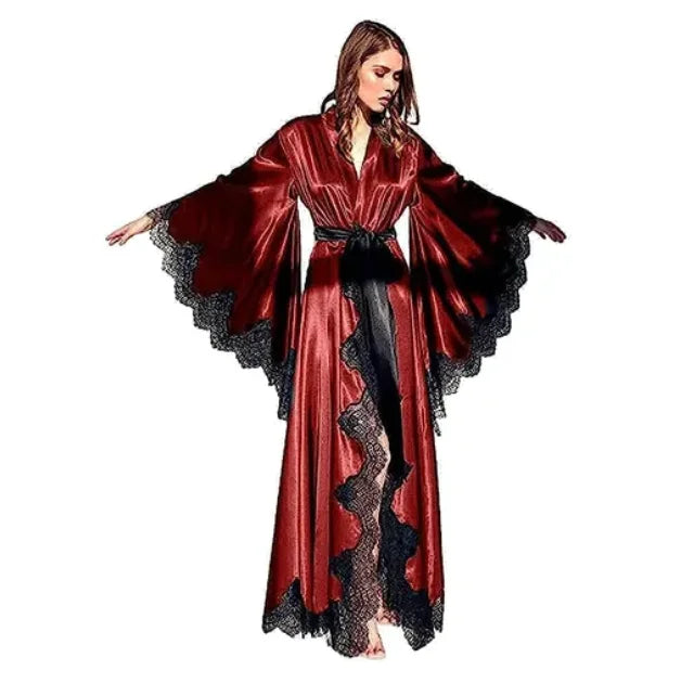 Women Robes Sleepwear Kimono Pajamas Pure Long Black Silk Satin Lace