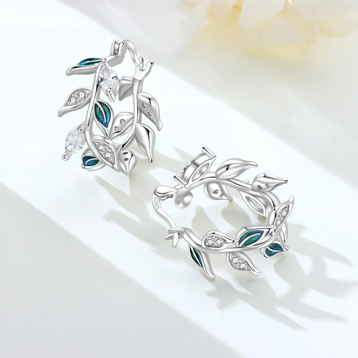 S925 Sterling Silver Leaf Hoop Earrings, Natural Plant Design