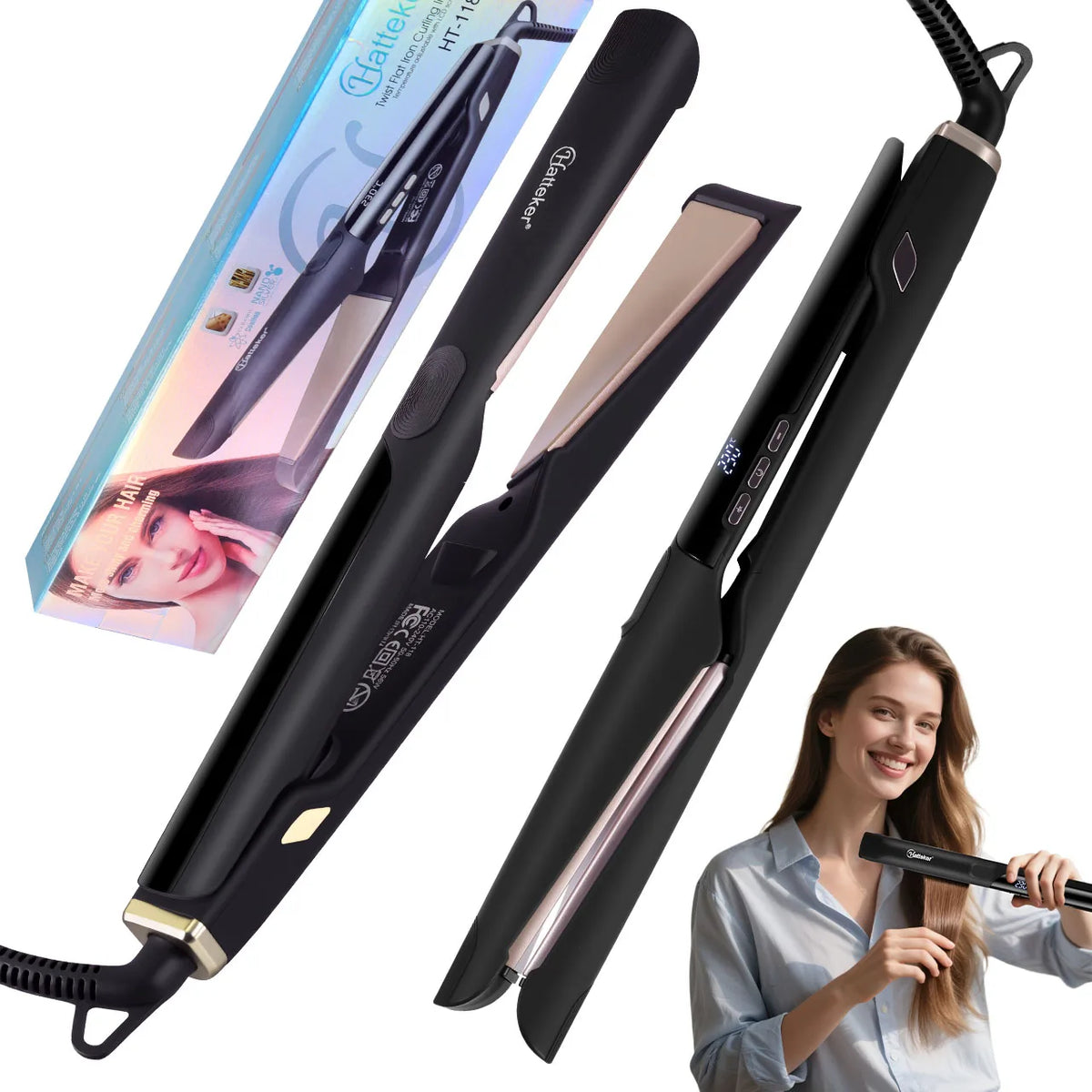 2‑in‑1 Hair Straightener and Curler Iron, Professional Hair Styling Tool