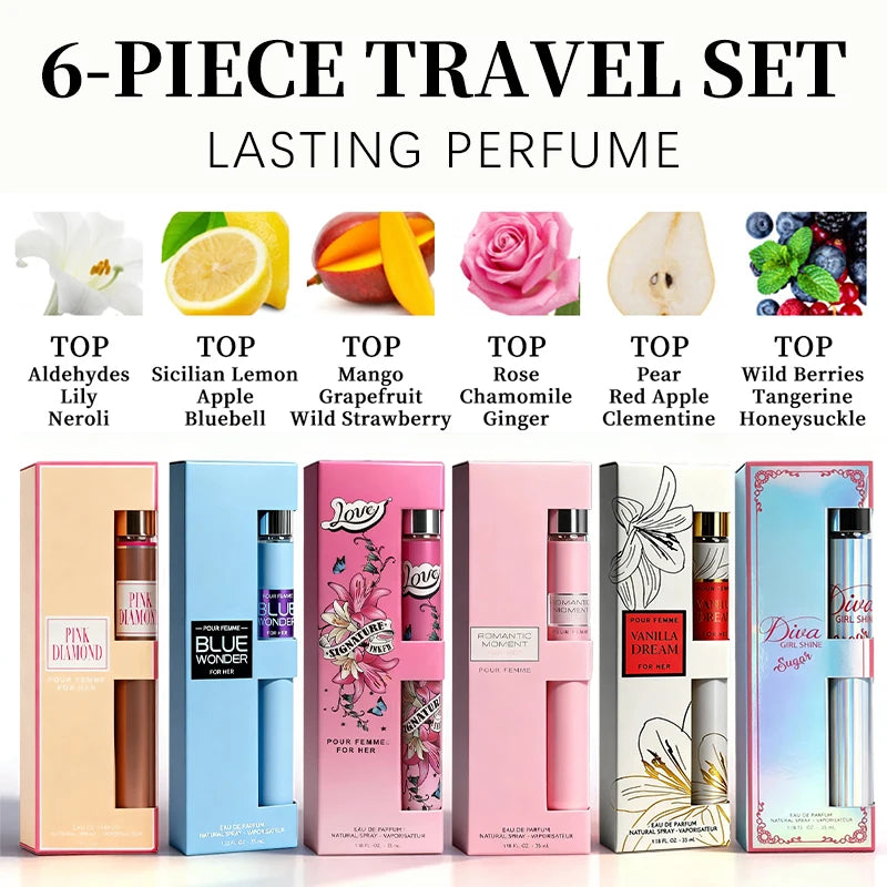 6-Piece Travel Set, Men's and Women's Eau De Toilette Spray, Long-Lasting Fragrance,