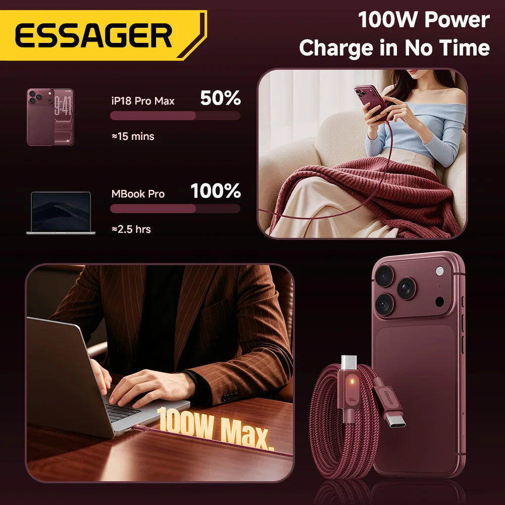 Essager 100W USB C Cable For IPhone18 17 Pro Max PD Fast Charging