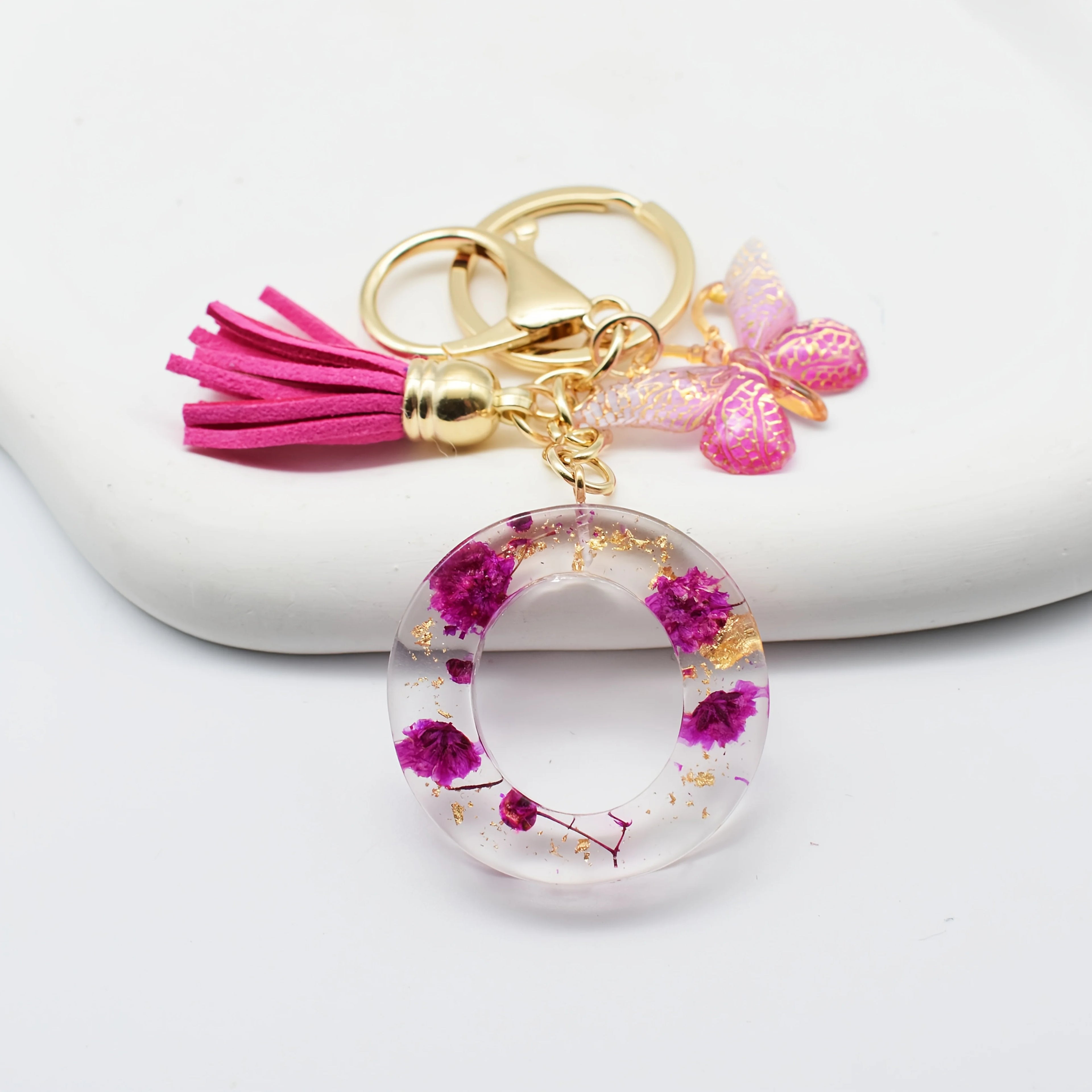 1PC Fashion Easter Alphabet Keychain - Dried Flower Resin Charm, A-Z Initial Pendant Butterfly Tassel, Non-Woven ABS Gift