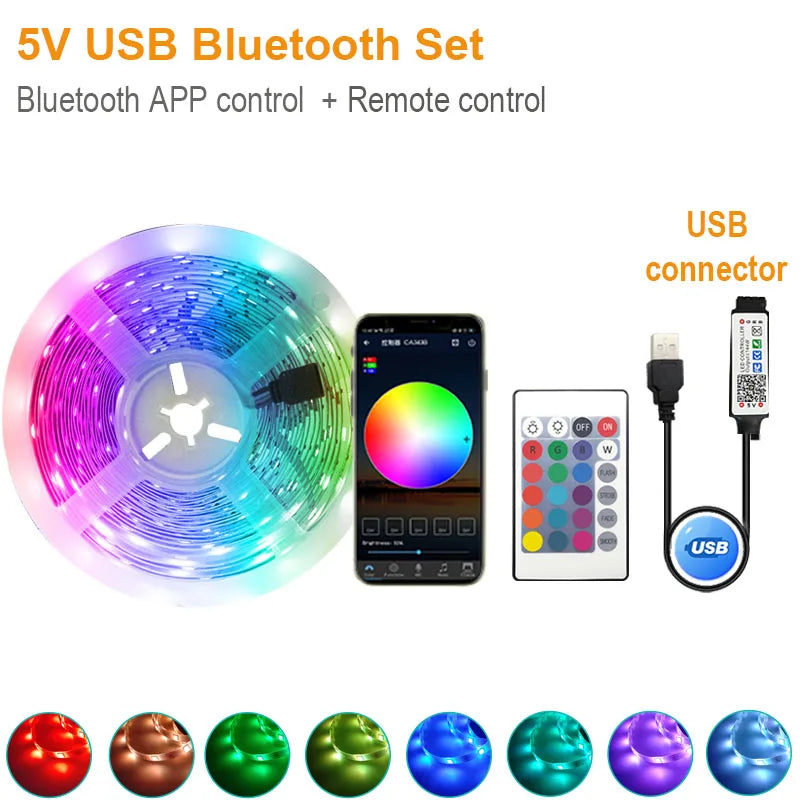 5V/24V RGB LED Strip Lights Bluetooth APP Controls Music SYNC TV Backlight Atmosphere Light Strip 5-30M Lamp Tape for Room Decor