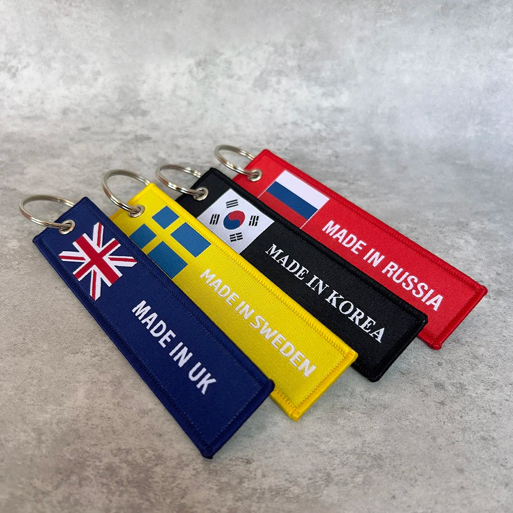 1 Pc Sale Both Sided Embroidery Made In UK SWEDEN KOREA RUSSIA Flag Luggage Bag Tag KeyChain Motorcycle Key accessory