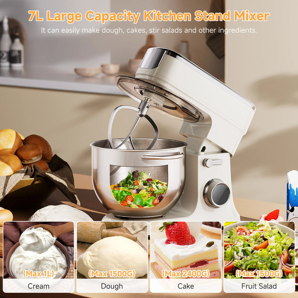 BioloMix 1200W Stand Mixer, 7L Food Mixers for Baking, with Dough Hook, Whisk & Beater, Meat Grinder Attachment