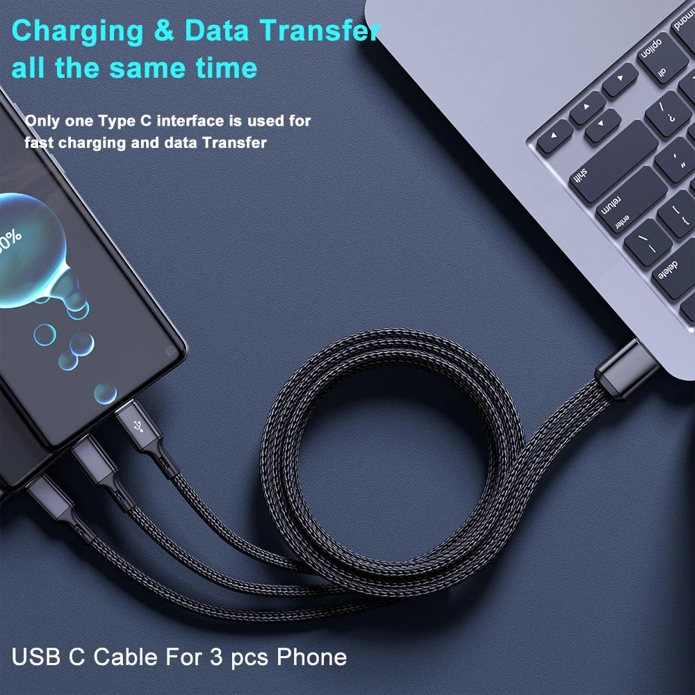 100W 3 in 1 Fast Charging Data Cable USB to 3 Type C Quick Charge