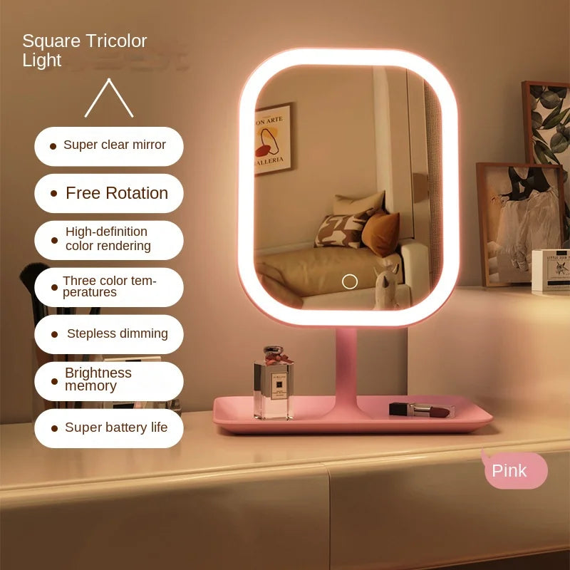 3 Color Light LED Desktop Vanity Mirror,Modern Makeup Mirror With Storage Tray,Women Bedroom Dressing Touching Mirror
