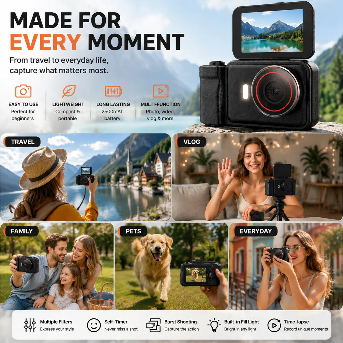 4K Digital Camera for Photography & Vlogging, 66MP Autofocus Camera with 180° Flip Screen, 10X Digital Zoom, 32GB TF Card Included, Type-C Rechargeable Compact Camera for Beginners, Travel & Everyday Use