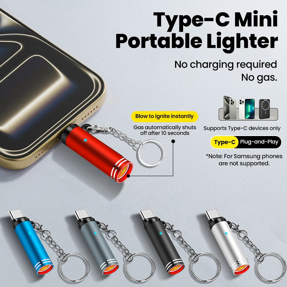 Type-C Portable Mini Mobile Phone Cigarette Lighter With keychain Outdoor Safety No Flame Air Blowing Cigarette Lighter Adapter