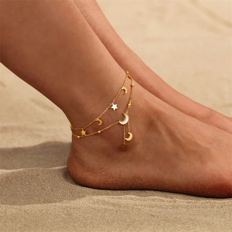 Stainless Steel 2025 New Fashion Jewelry Summer Beach Style Seashells Stars Moon Charm Beading Anklets Chain For Women