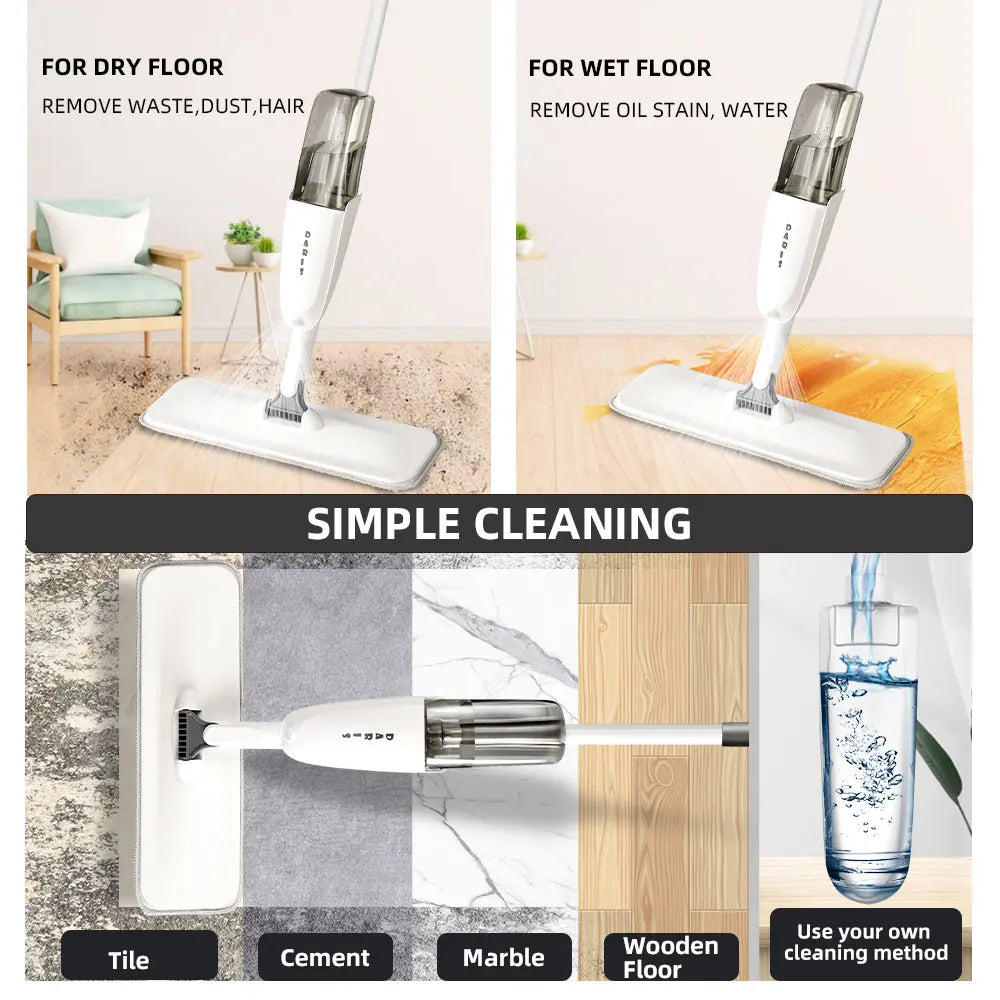 DARIS Spray Floor Cleaning Mop 500ML Wide Range Fan-shaped Mist Reusable Microfibers Pads 360°