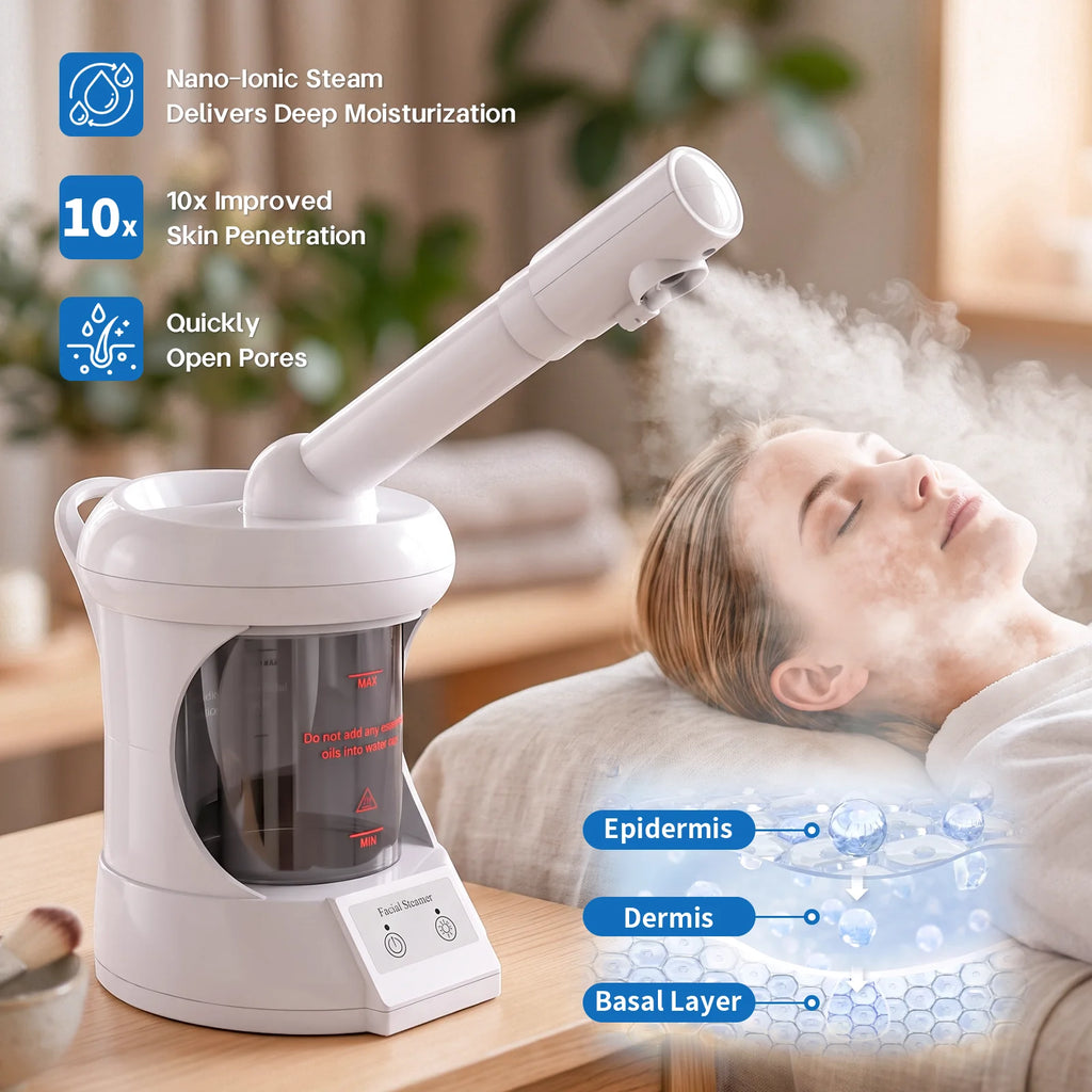Ozone Nano Ionic Facial Steamer, 360° Rotatable Telescopic Arm Hot Mist Face Spa Machine