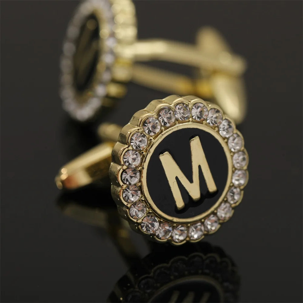 26 Initial Capital Letter A-Z Mens Cufflinks Galaxy Golden Color Gear Shape Crystal Cuff Links Formal Shirt Suit Jewelry Gift