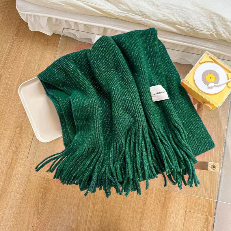 Women Solid Color Knitted Tassel Scarf