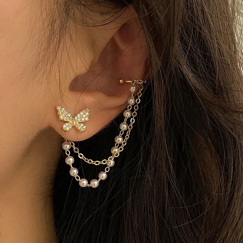 Aesthetic Gold Color Zircon Butterfly Chain Earrings Dainty Double Layer Pearl