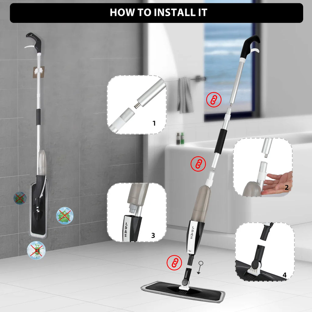 DARIS Spray Mop, 360ml Bottle, 3 Microfiber Mop Pads, Scraper, Mop Clip, Wet and Dry Use,