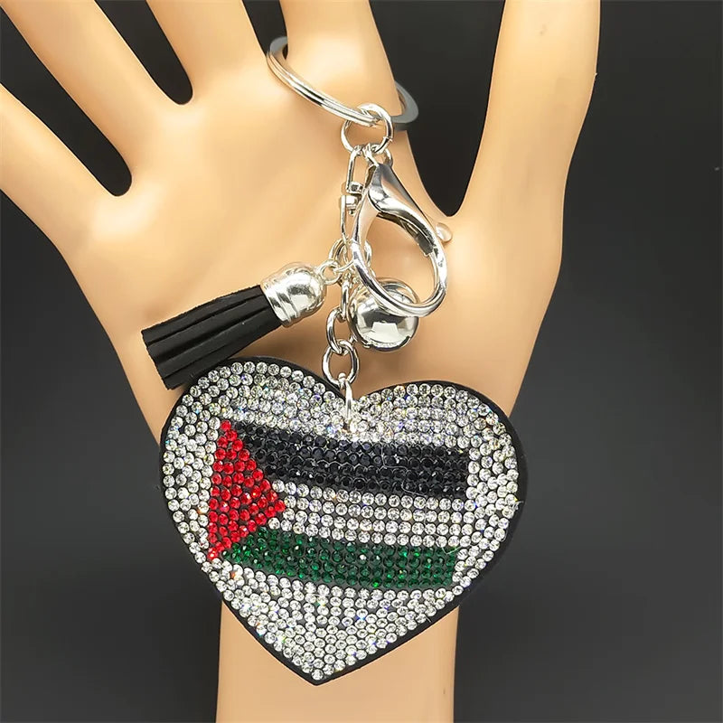 Palestine Flag Full Crystals Heart Shaped Key Chain for Women Men Leather Silver Color Keyring Bag Car Accessories Jewelry Gift