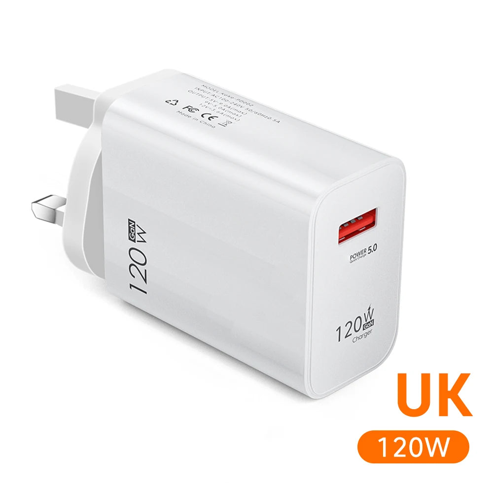 120W USB Fast Charging Charger Type C Cable Quick Charge Phone Adapter for Xiaomi 14 Redmi Oneplus Huawei Samsung Wall Charger