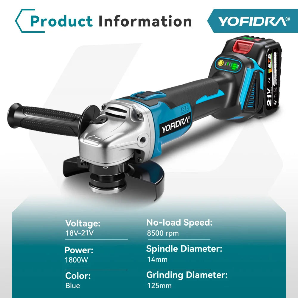 YOFIDRA 125mm 4 Gears Brushless Electric Angle Grinder Metal Wood Grinding Polishing Cutting