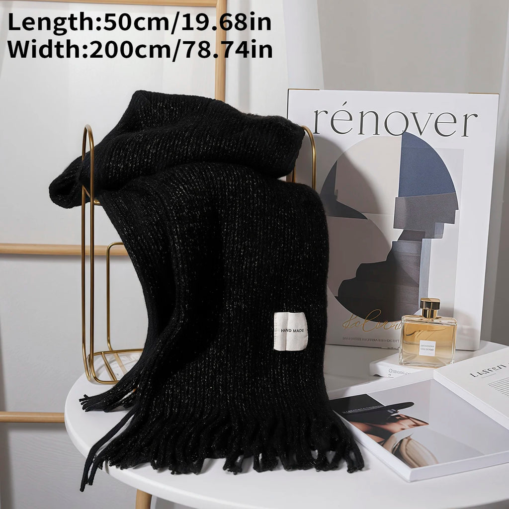 Women Solid Color Knitted Tassel Scarf