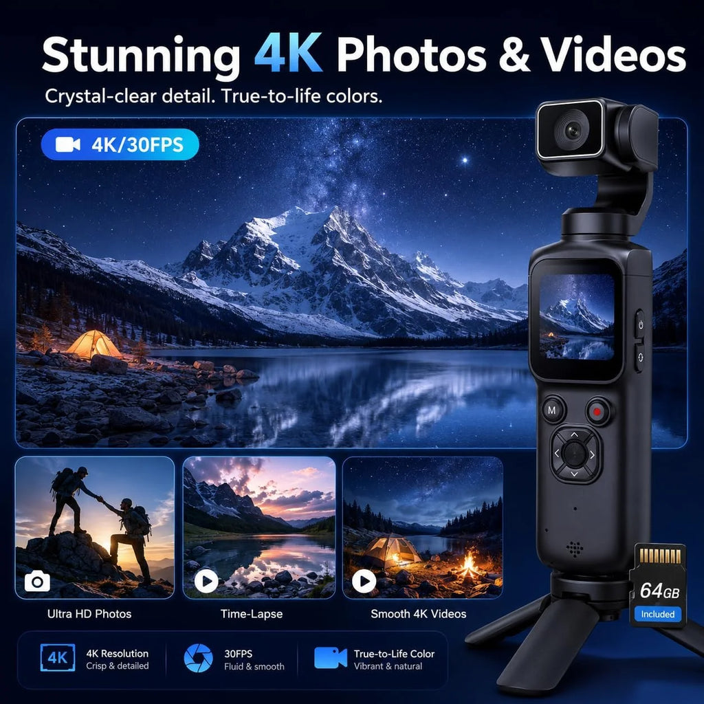 4K Pocket Vlogging Camera, With 64GB Memory Card, 75MP Digital Camera