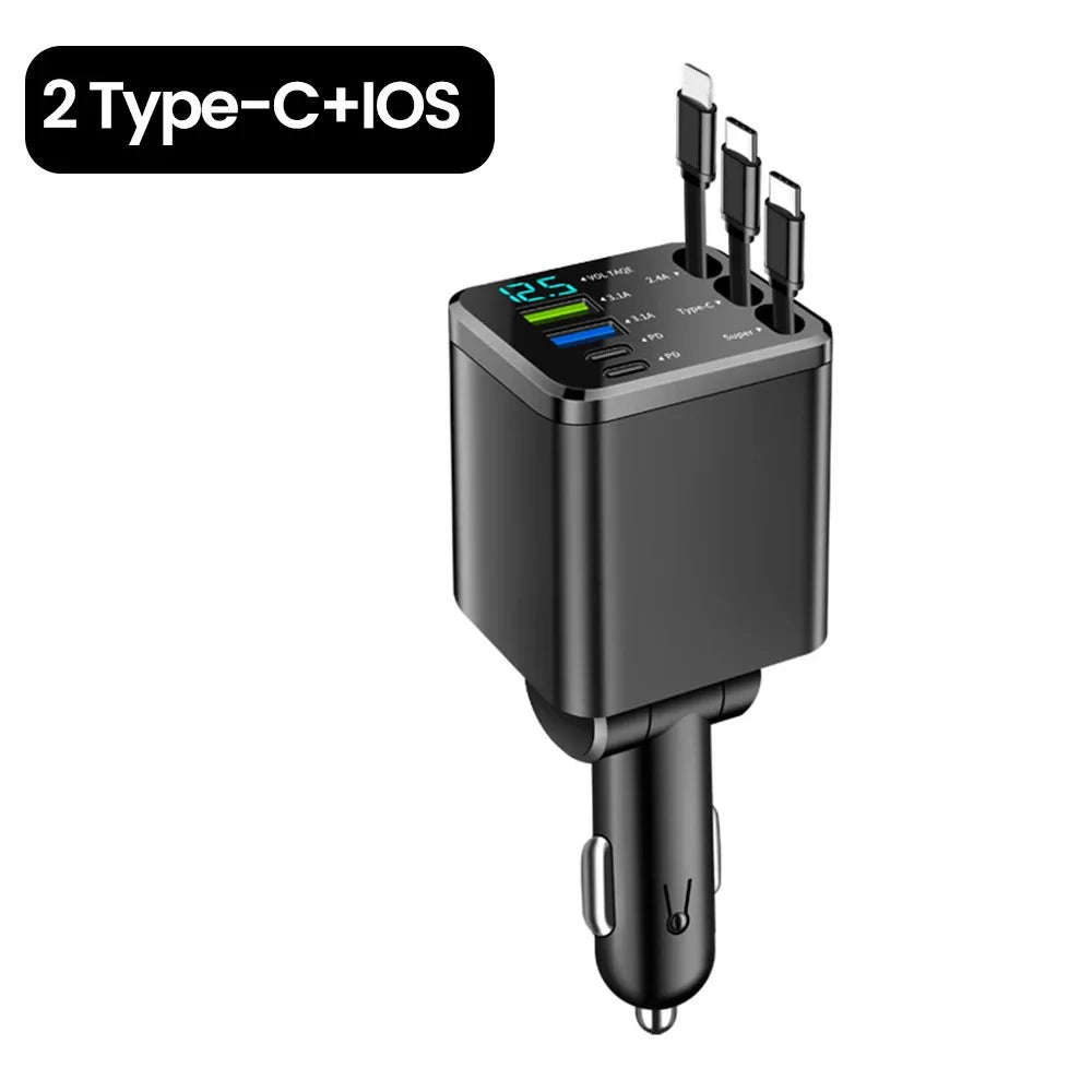 New 120W 7IN1 Retractable Fast Car Charger USB Type-C Power Adapter With Roof Starlight For iPhone Samsung Xiaomi Huawei