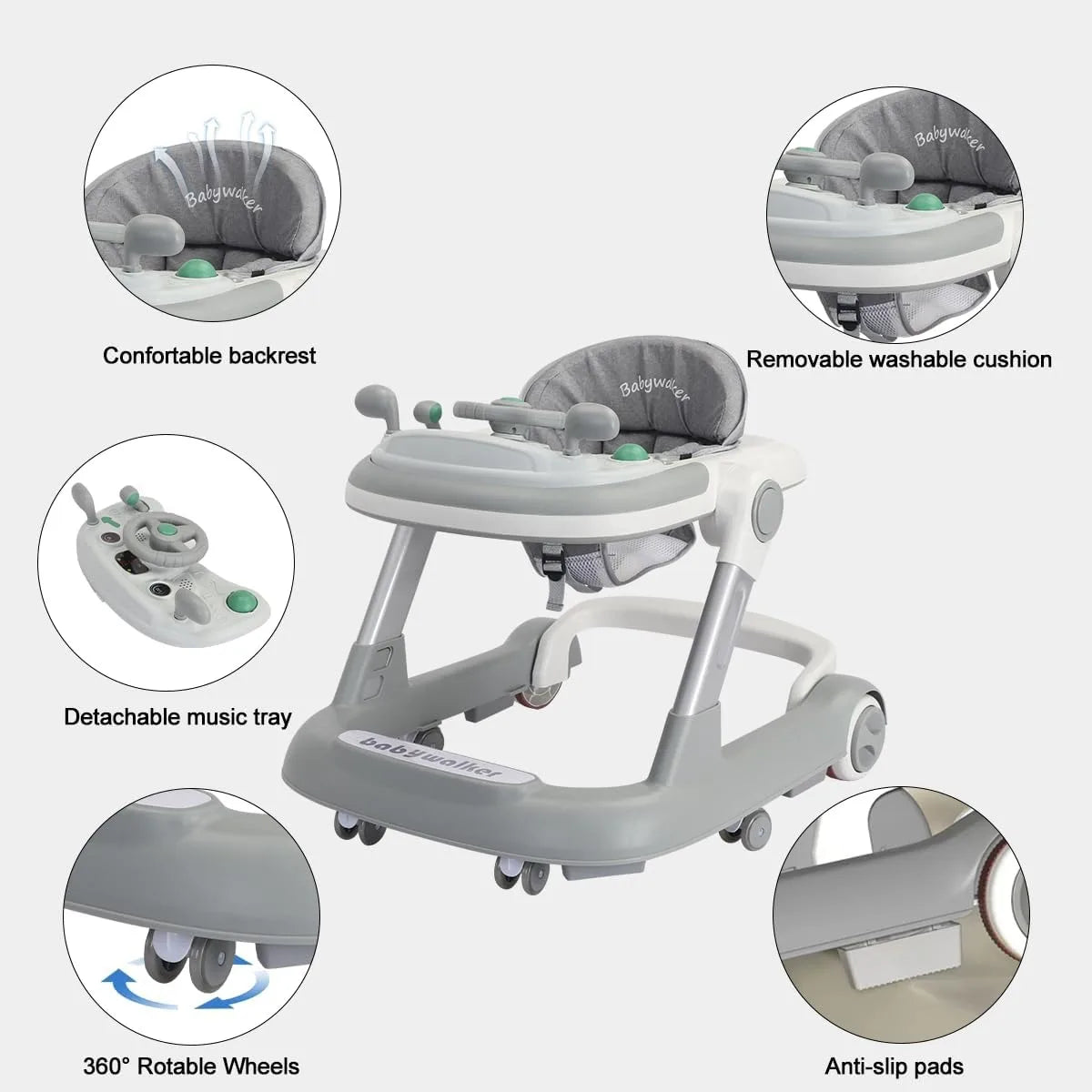2 in 1 Baby Walker, Toddler Baby Push Walker with Removable Feeding Tray and Music Tray(Without Battery), Activity Walker