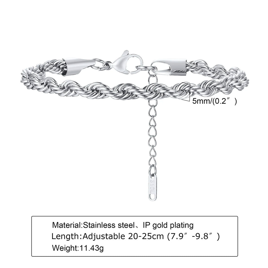 Hip Hop Men's Stainless Steel Rope Chain Bracelets,2/3/4/5mm Gold Color Adjustable