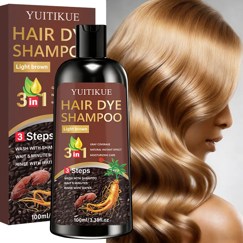 YUITIKUE 3-in-1 Light Brown Hair Dye Shampoo | 3-Step Easy Application For Natural Gray Coverage & Moisturizing Care 100ml