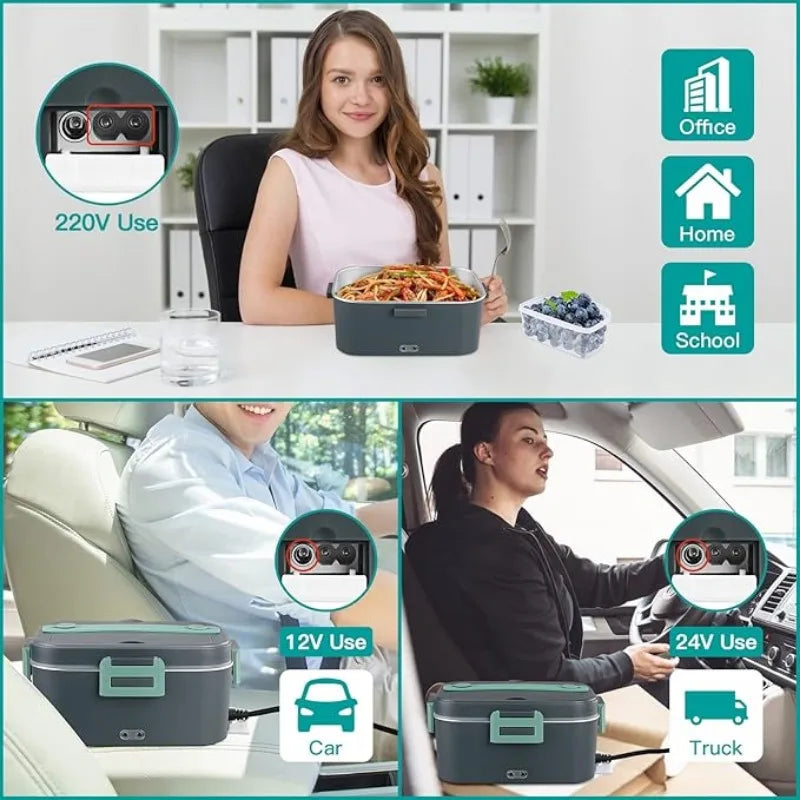 Electric Lunch Box 80W Fast Heating, 1.8L Portable Food Warmer Lunch Container for Car 12V & Home 220V, Stainless Steel Leakproof Heated Lunch Box with Insulated Bag & Utensils