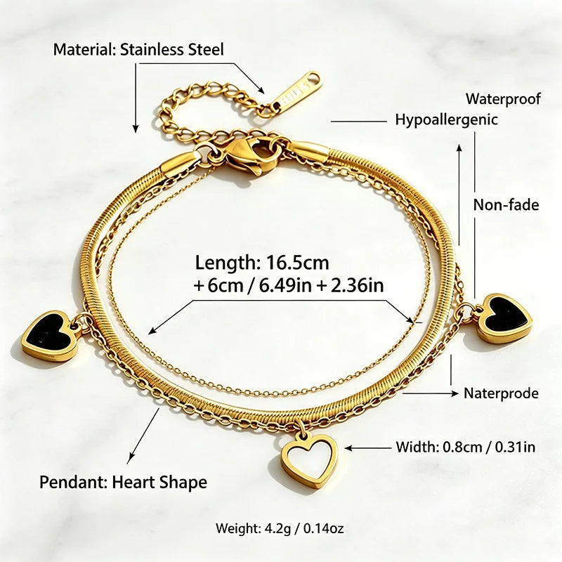 Double Layer Snake Chain Heart Charm Bracelet for Women, Waterproof Hypoallergenic