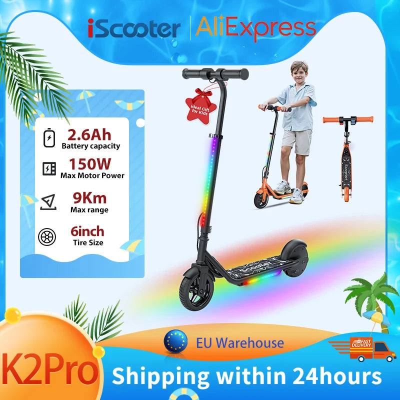 iScooter K2Pro Kids E-Scooter Safe Finger Throttle&Brake 3 Speeds(16km/h) 150W Motor 9km Range 2.6Ah Battery LED Lights for Fun