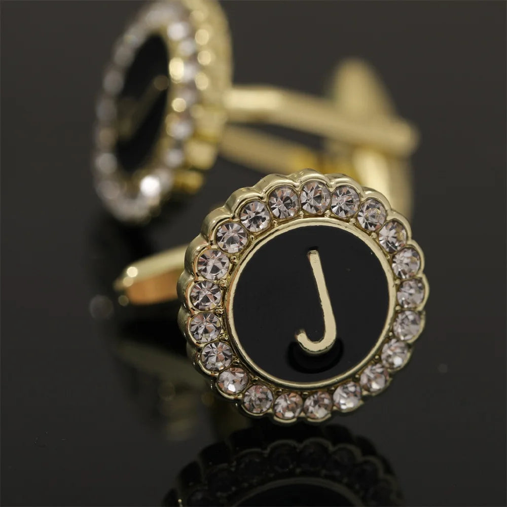26 Initial Capital Letter A-Z Mens Cufflinks Galaxy Golden Color Gear Shape Crystal Cuff Links Formal Shirt Suit Jewelry Gift