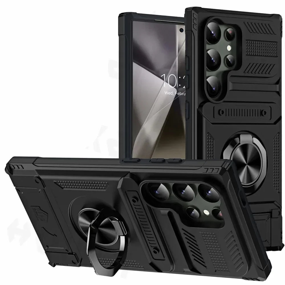 Case For Samsung Galaxy S26 Ultra S25 Plus S24 A56 A36 A55 Card Holder Rotated Ring Kickstand Layer Heavy Shockproof Wallet Case