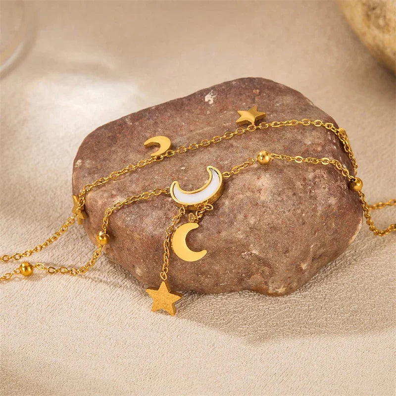 Stainless Steel 2025 New Fashion Jewelry Summer Beach Style Seashells Stars Moon Charm Beading Anklets Chain For Women